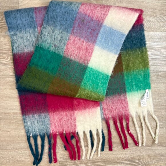 Ricki's Chunky Fringe Blue Pink Plaid Green Fluffy Oversized Scarf - Picture 5 of 7
